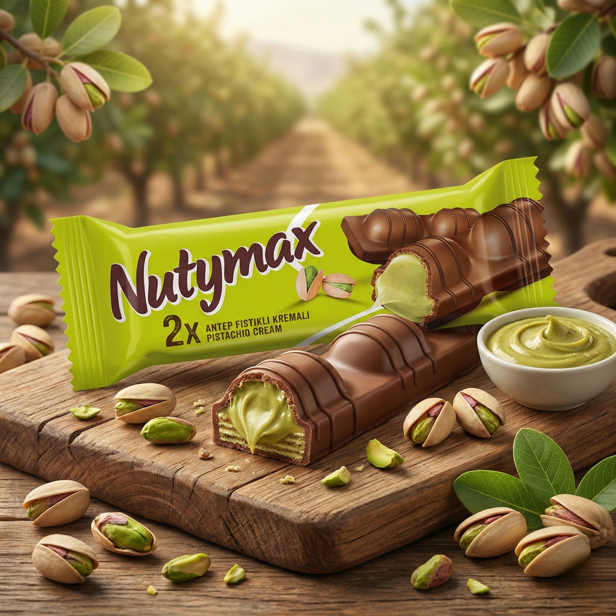 Barre Gaufrette Nutymax - Fourrage Crème de Pistache d'Antep & Chocolat au Lait (Format 2x)