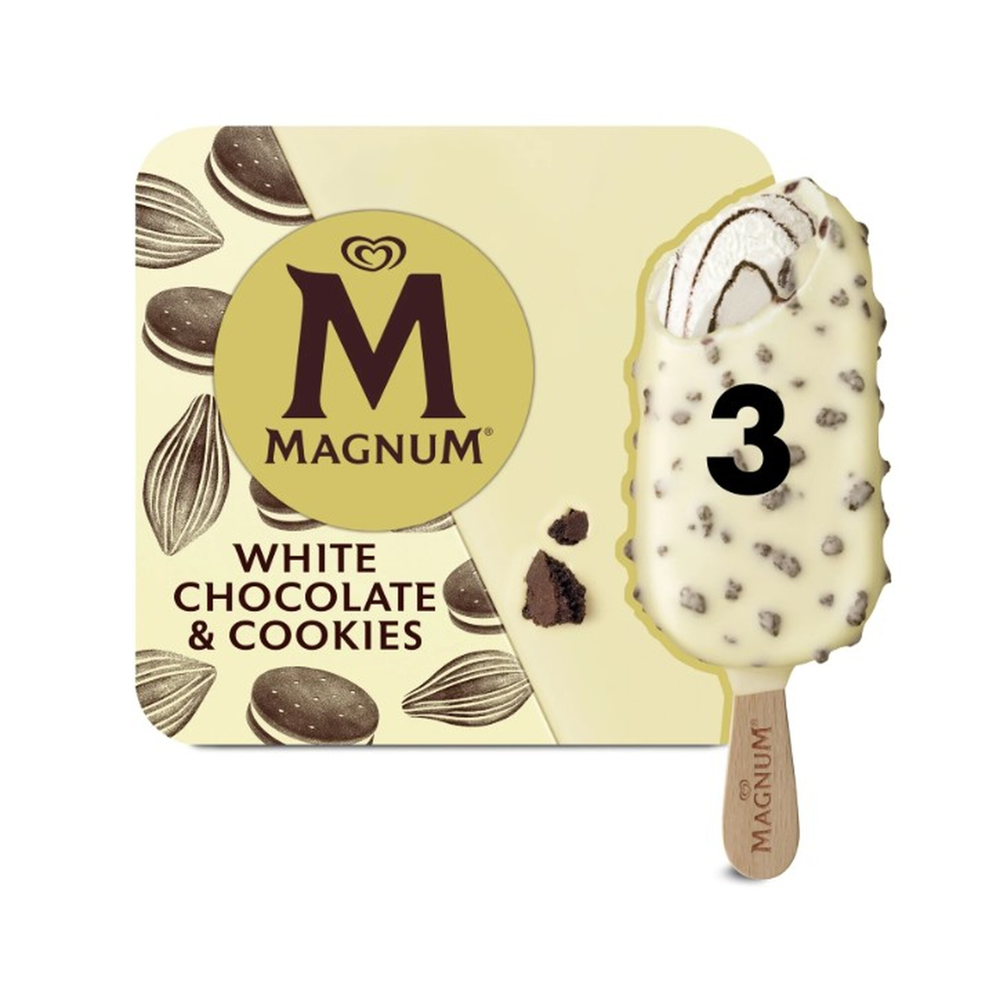 MAGNUM Lot de 3 glaces bâtonnets chocolat blanc et cookies