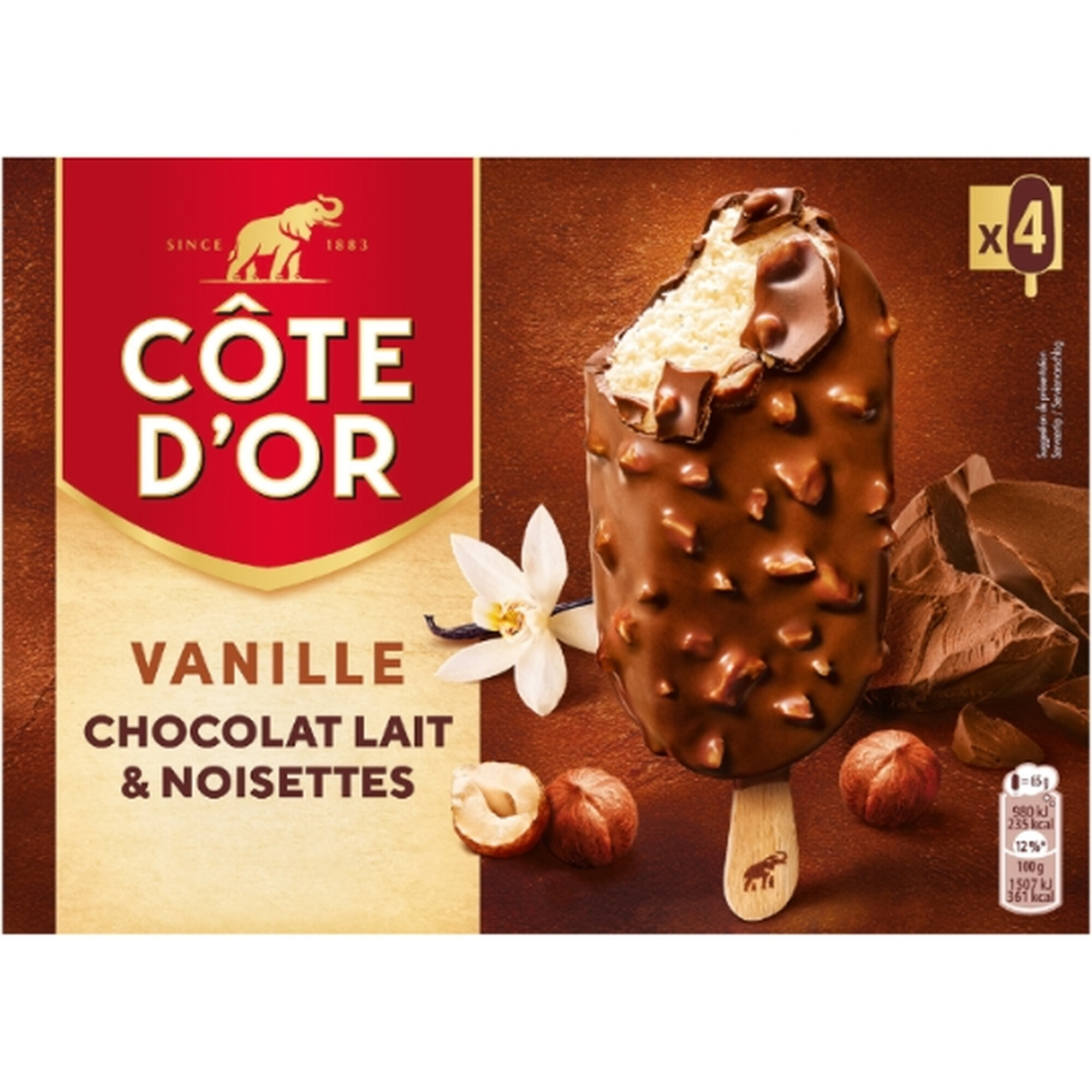 Côte D'or Glaces Bâtonnets Vanille Chocolat Lait Noisette 4 barres 260g