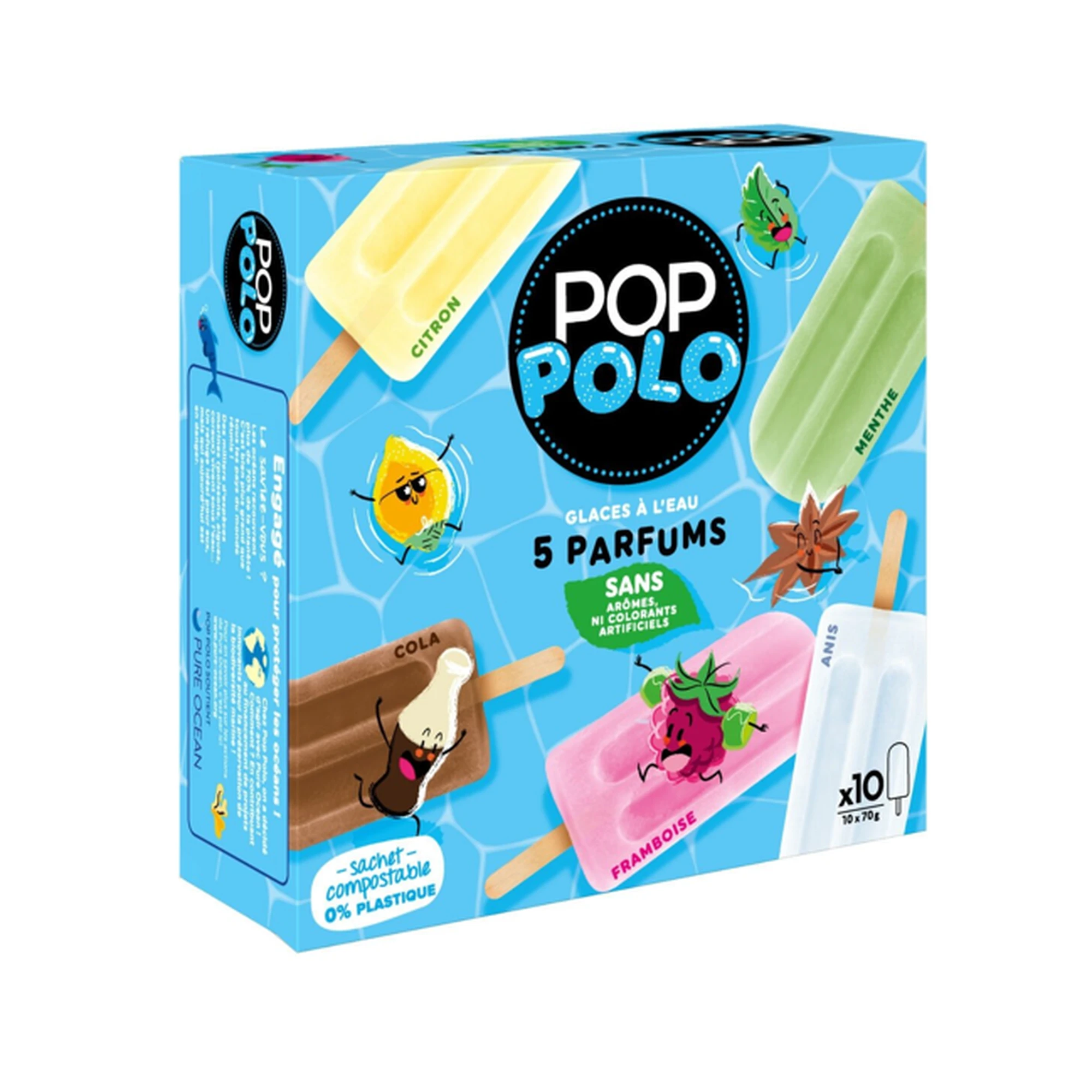 POP POLO Glaces à l'eau 5 saveurs - 700 g / 10 pièces